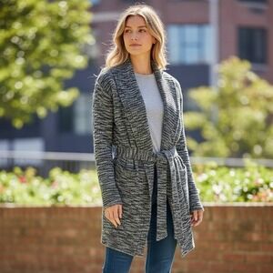 Ann Taylor Loft Women Small Black White Marled Knit Belted Wrap Cardigan Sweater